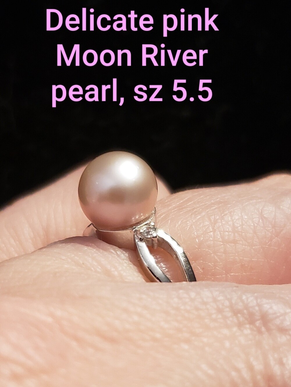 NEW-Pink Moon River Pearl, Size 5.5, Two C.z. On Side, Stamped S925, Small Size